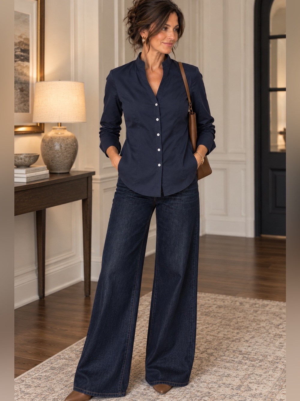Foxcroft NYC Women’s 8 Navy Non Iron Stretch Button Blouse Shirt Pockets